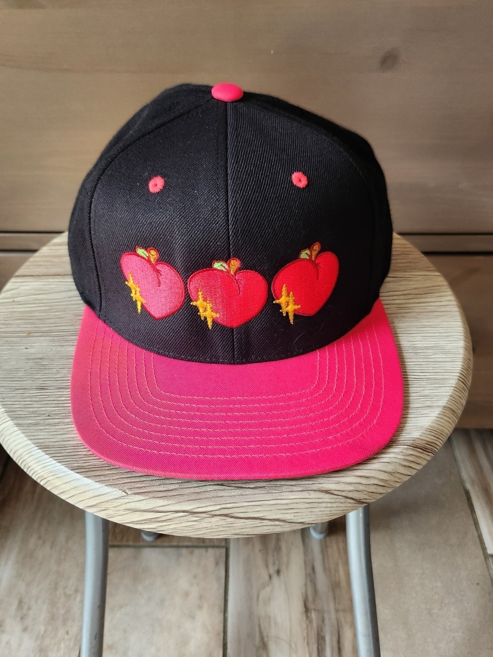 Men's Hot Pink and BLack Baseball hat with Embroidered Apple Hearts by Yupoong